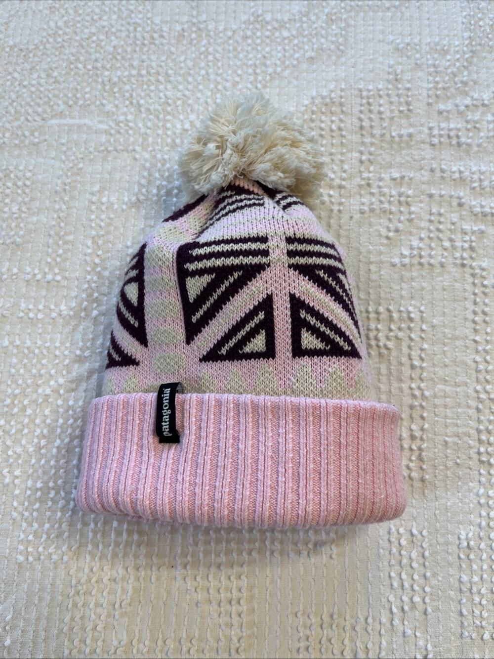PATAGONIA Girls One Size Powder Town Beanie HAT PomPom Pink Birch Ski Winter